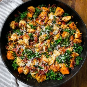 One-Pan Chicken, Sweet Potato, and Kale Skillet