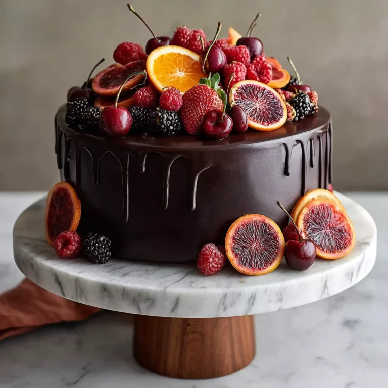 Black Cocoa Cake Fresh Berries Blood Orange Slices