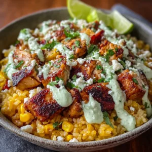Flavorful Mexican Street Corn Chicken Rice Bowl Recipe with Easy Lime Crema
