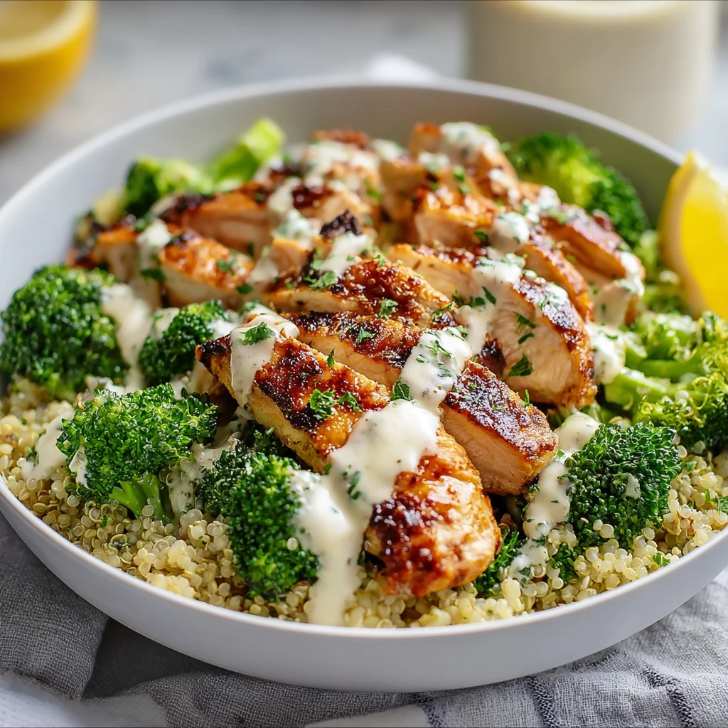 Grilled Chicken Broccoli Bowls Creamy Garlic Sauce Recipe