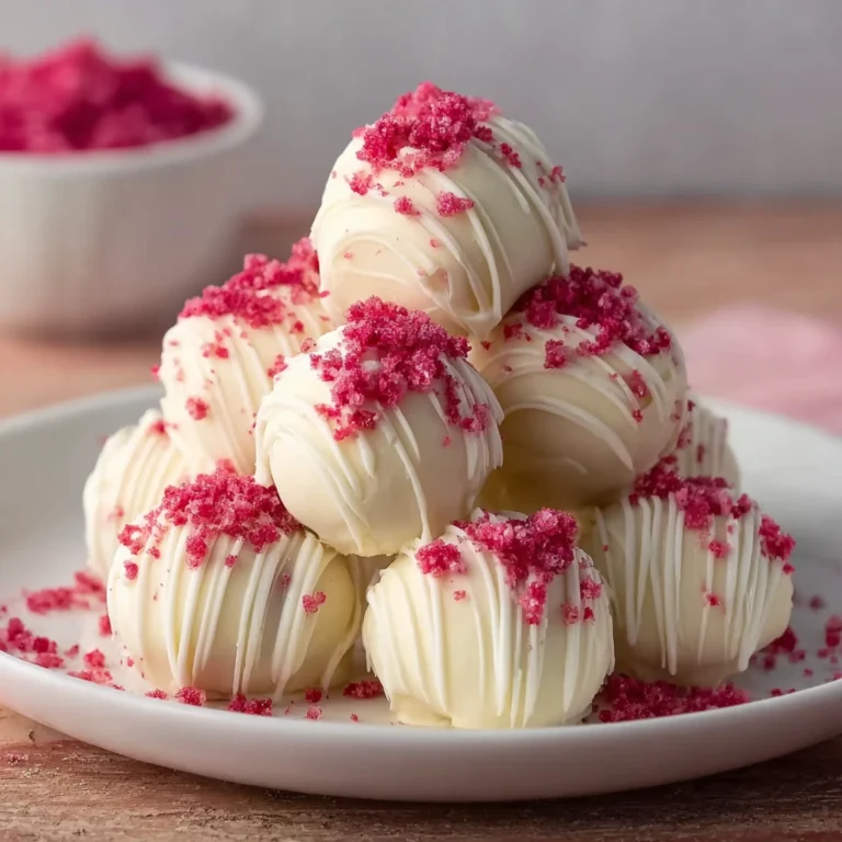strawberry shortcake truffles coated in white chocolate with strawberry crumbs