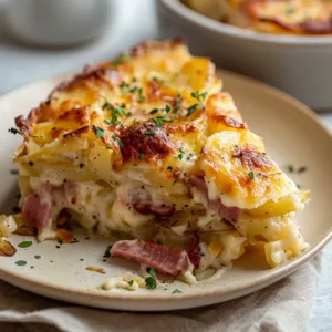 Beef Ham and Cheese Twice Baked Potato Casserole Delight