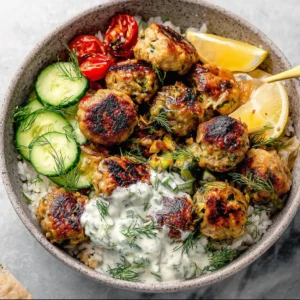 Gyro Bowls (Meatballs with Tzatziki, Lemon Rice, and Cucumber Salad)