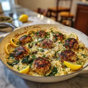 One-Pan Lemon Caper Chicken Meatball Orzo Skillet