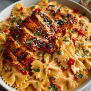 Parmesan Roasted Red Pepper Chicken Bowties in Garlic Cream