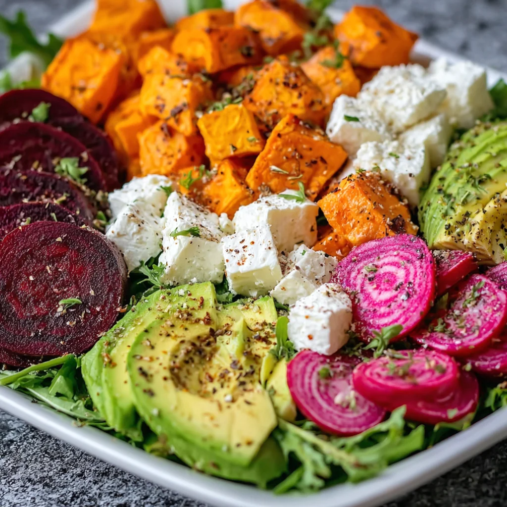 Roasted Beet Sweet Potato Avocado Salad