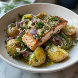 Warm Potato Salad with Lemon Dill Dressing and Baked Salmon