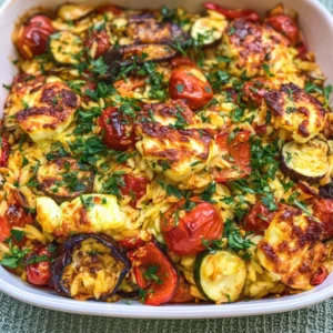 Baked Orzo Roasted Mediterranean Vegetables with Halloumi