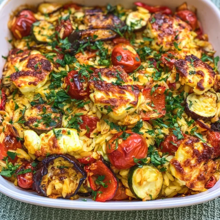Baked Orzo Roasted Mediterranean Vegetables with Halloumi