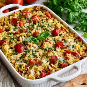 Dump and Bake Chicken Orzo Bake