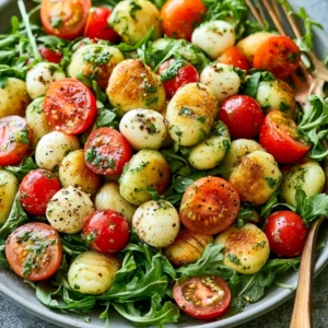 Roasted Gnocchi Salad with Basil Pesto, Tomatoes, Mozzarella, and Arugula